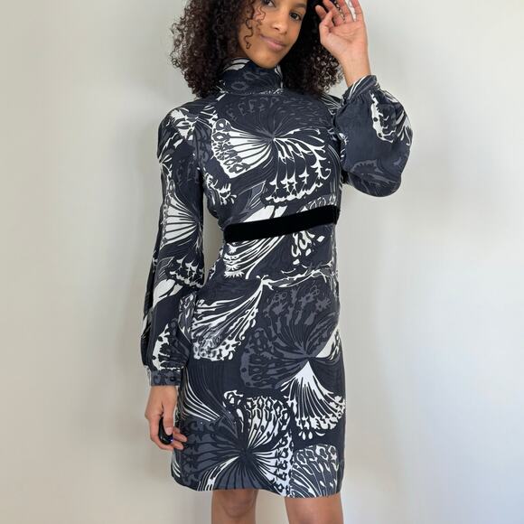 Vintage Italian Monochrome Butterfly Dress with Velvet Trim (S) - Picture 1 of 10